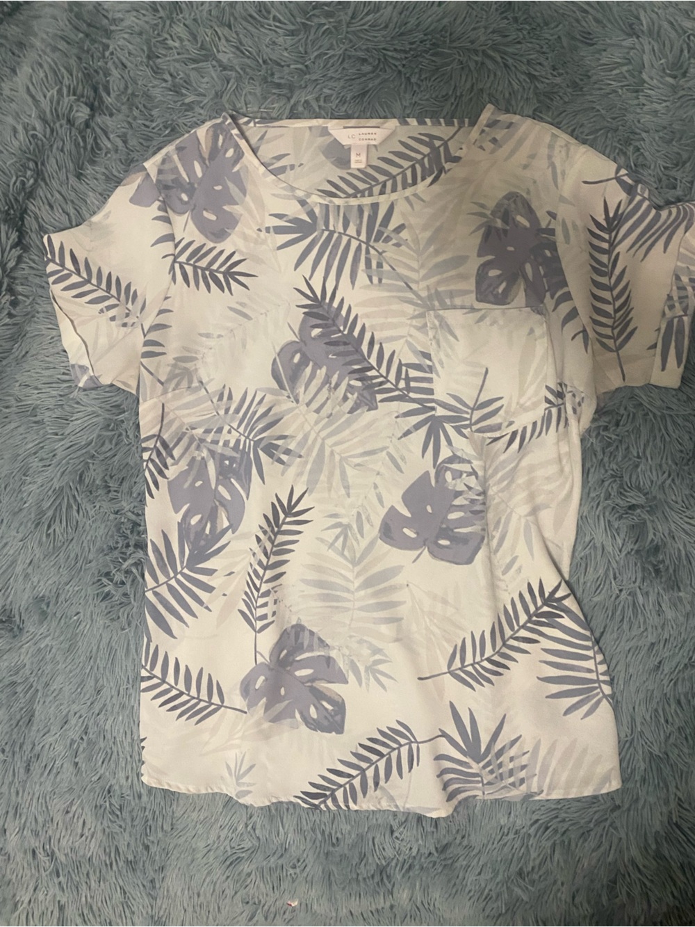 LC Lauren Conrad Light Blue Botanical Print Short Sleeve Blouse